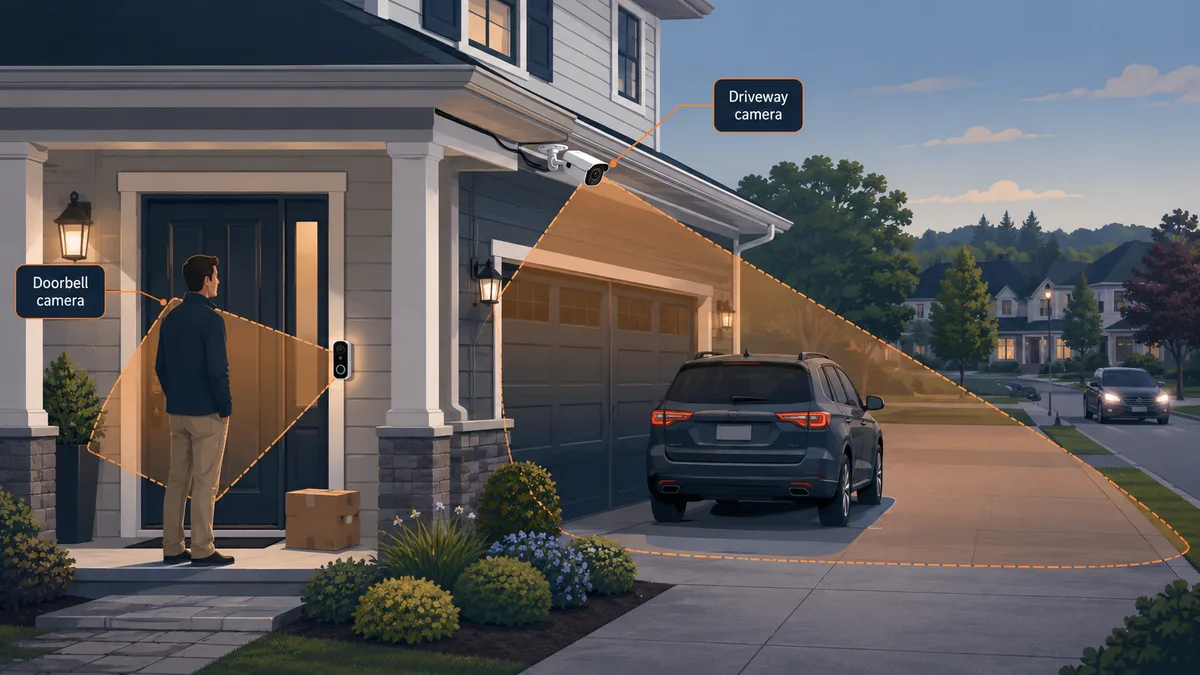 A Durham home showing a doorbell camera covering the front entry and a driveway camera covering the driveway out to the street.