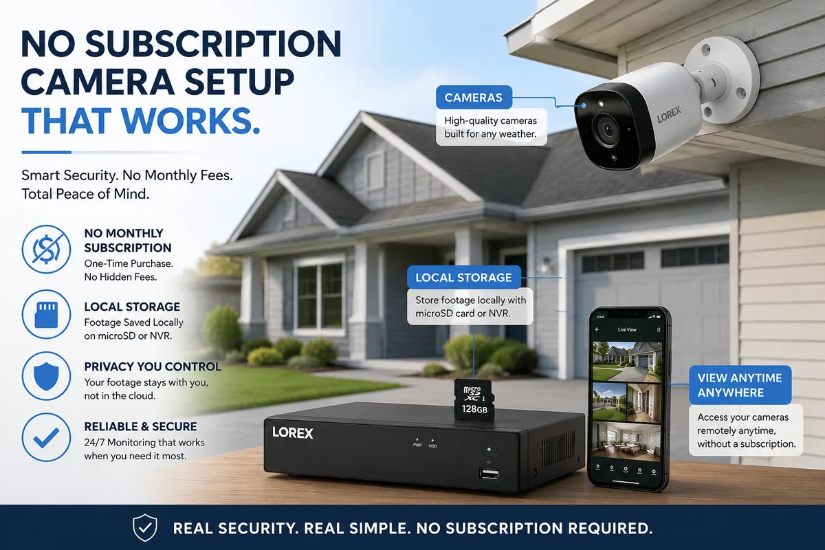No-subscription camera setup: an outdoor camera, a local recorder with a microSD card, and a phone live view, with footage stored at home.