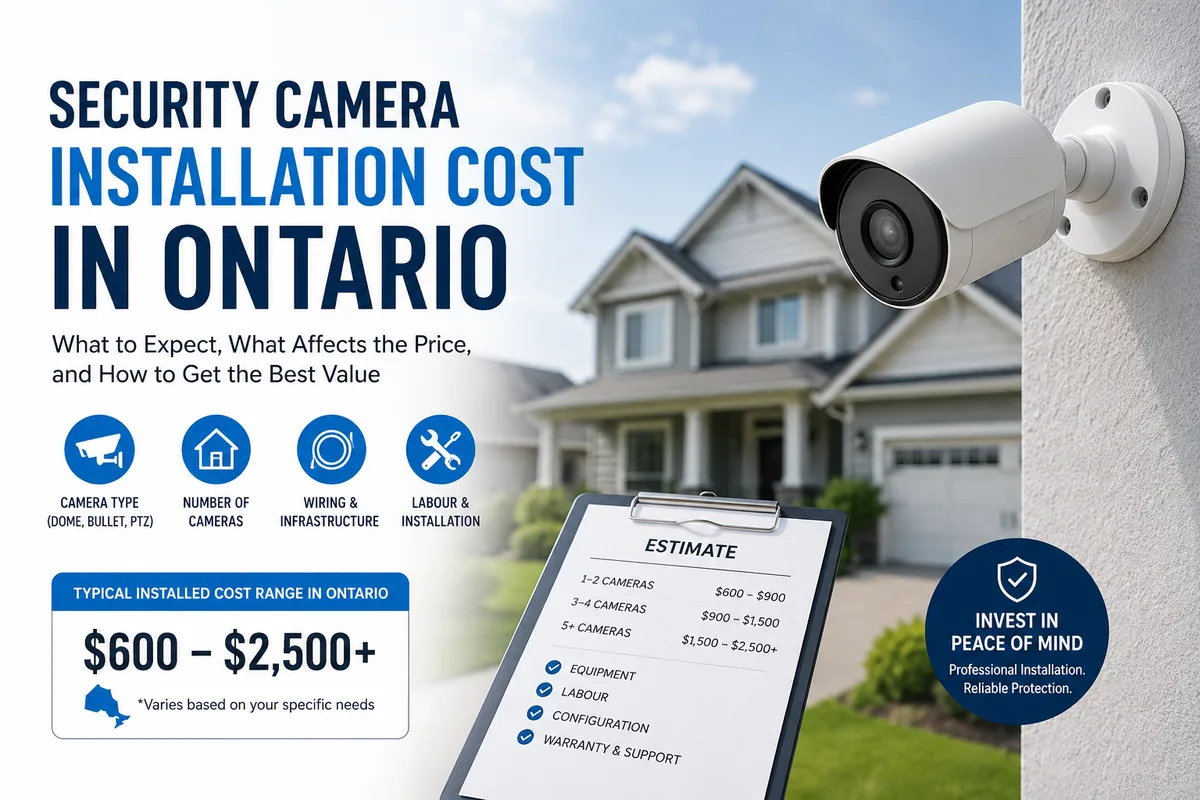 Guide graphic on security camera installation cost in Ontario, with a sample estimate sheet of typical installed price ranges by camera count.